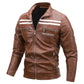 men's Warm leather motorcycle jacket - biker-cut with quilted shoulders and racing stripes, PU leather, for autumn rides