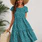 Vintage Floral Wedding Guest Dress with Circular Neckline and Short Sleeves in Turquoise, Blue, and Burgundy-4