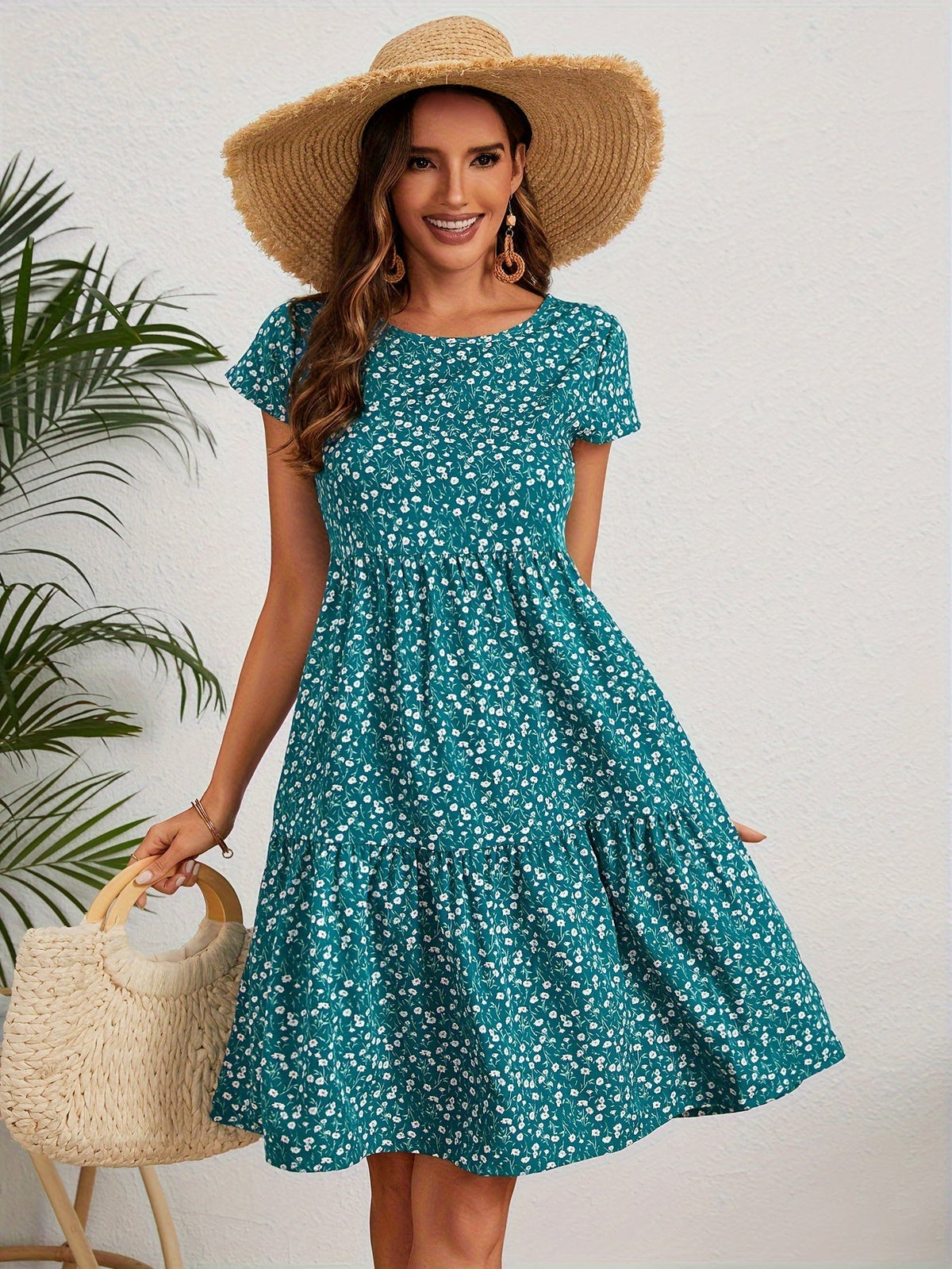Vintage Floral Wedding Guest Dress with Circular Neckline and Short Sleeves in Turquoise, Blue, and Burgundy-4