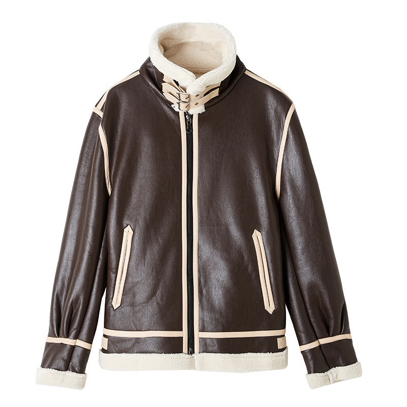 Unisex Warm Jacket - Shearling-Lined Faux Leather, Biker Style, Zip Front, For Winter Wear
