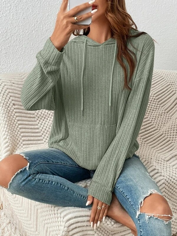 Plush Relaxed Women's Hooded Pullover - Ribbed Knit, Casual