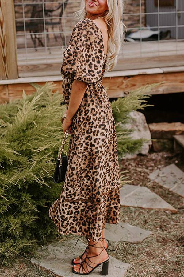 Leopard Print Maxi Dress with Puff Sleeves, Gathered Design, Long Dress for Women, Casual Chic Style-3