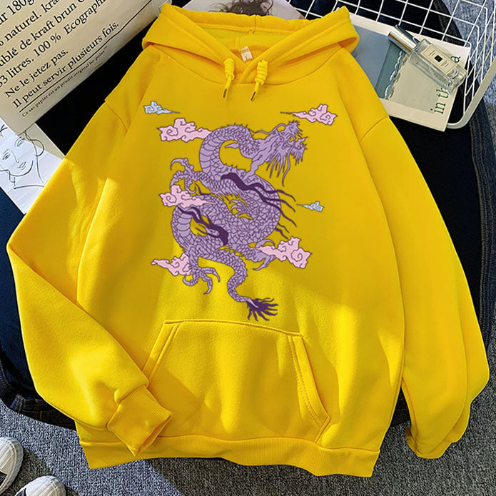 Men’s Warm Hoodie - Dragon Print Pullover, Polyester Casual