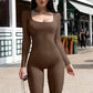 Long Sleeve Square Neck, Ribbed Nylon-Spandex, Seamless Yoga Athleisure – Stretchy Flattering Women’s Jumpsuit