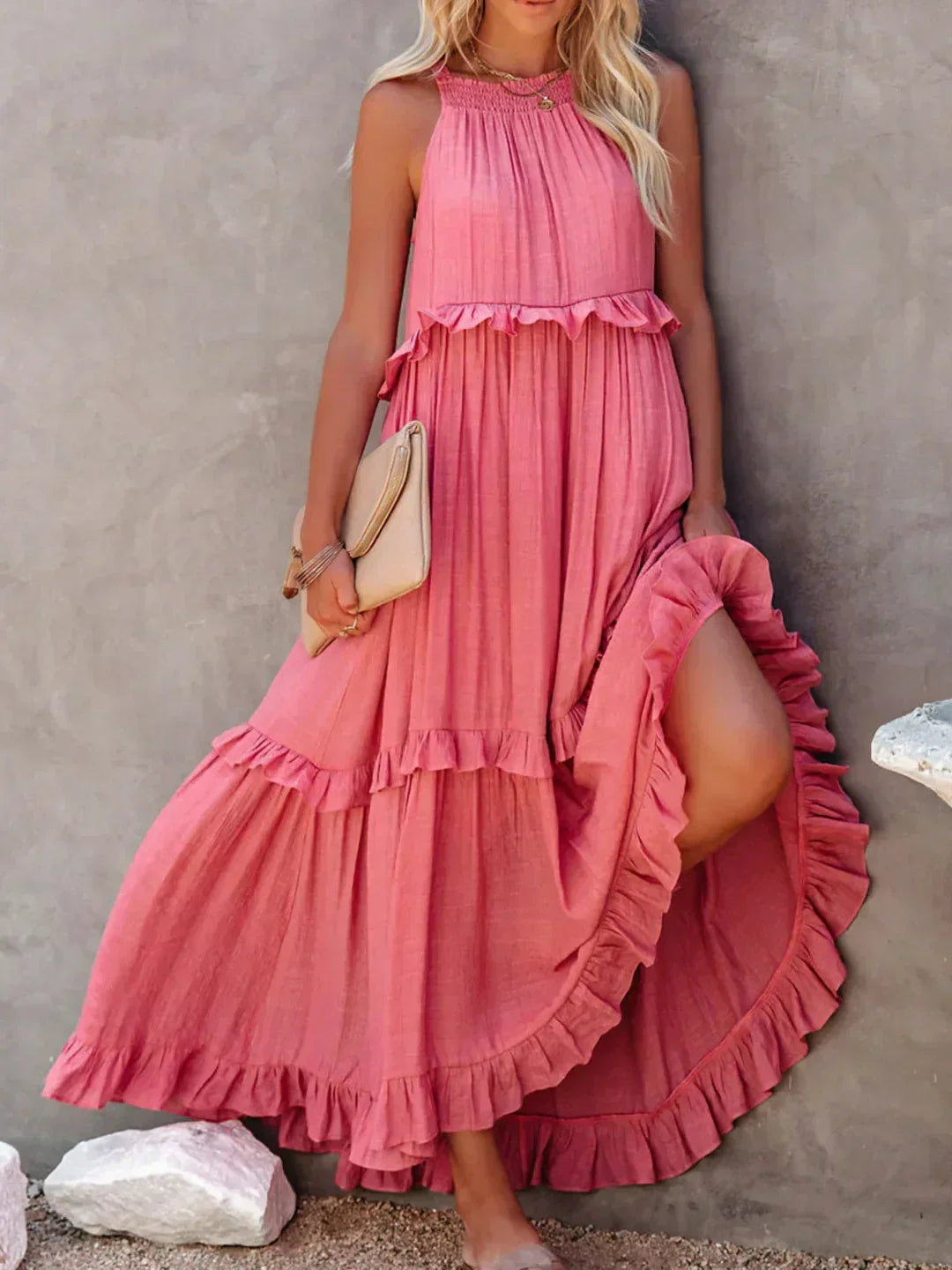 Variant image for Elegant Halter Ruffle Floral Maxi Dress for Women, Lightweight Bohemian Long Dress, Flowing Fit-5