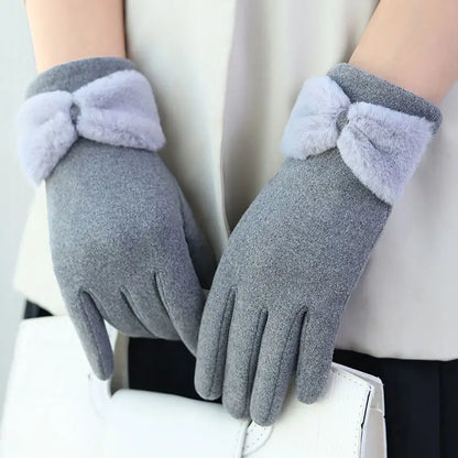 Women Warm Gloves - Bow Cuff, Fleece Lined, For Winter