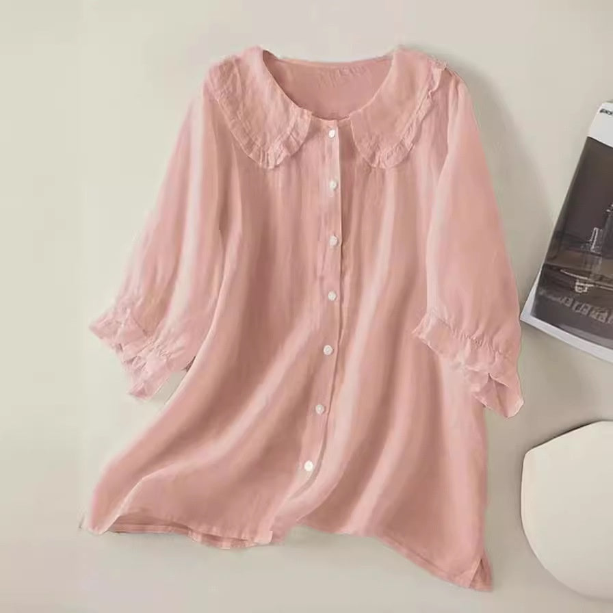 Plush women's shirt - Claudine collar, half-sleeve, relaxed fit, casual everyday wear with denim