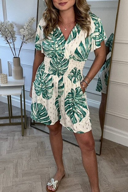 Variant image for Leafy Print Women's Romper with Smocked Waist, Casual Jumpsuit for Summer Outings and Beach Wear-1