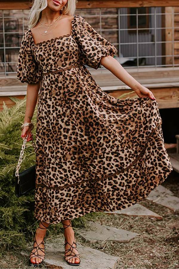 Variant image for Leopard Print Maxi Dress with Puff Sleeves, Gathered Design, Long Dress for Women, Casual Chic Style-1