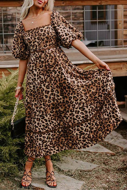 Variant image for Leopard Print Maxi Dress with Puff Sleeves, Gathered Design, Long Dress for Women, Casual Chic Style-1