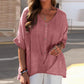 women's Breathable top - V-neck, short sleeve, relaxed fit, cotton-linen blend, casual wear