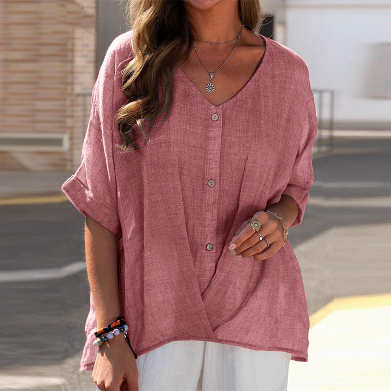 women's Breathable top - V-neck, short sleeve, relaxed fit, cotton-linen blend, casual wear