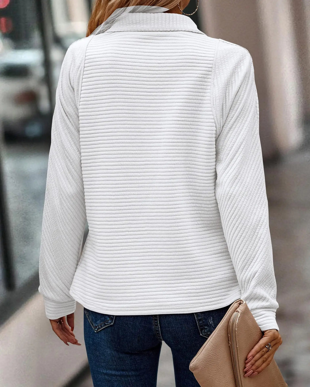 Plush Relaxed Womens Pullover - Ribbed Zip, Polyester, Casual