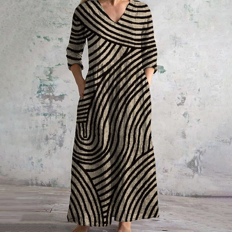 Vintage Stripe Dress with V-Neck, Ankle-Length, Functional Pockets, Lightweight Fabric-4