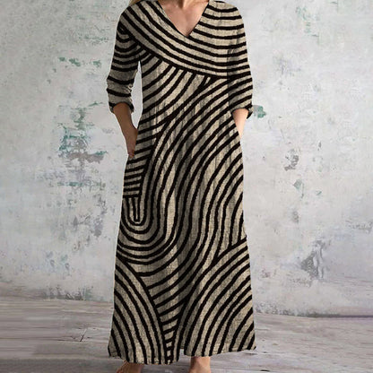 Variant image for Vintage Stripe Dress with V-Neck, Ankle-Length, Functional Pockets, Lightweight Fabric-1