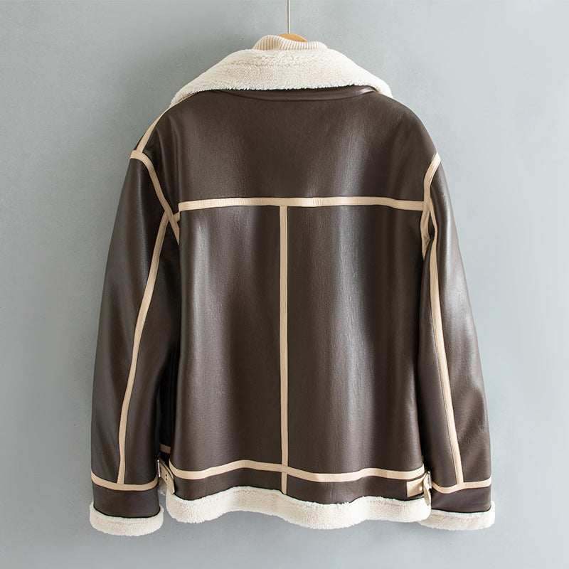 Unisex Warm Jacket - Shearling-Lined Faux Leather, Biker Style, Zip Front, For Winter Wear