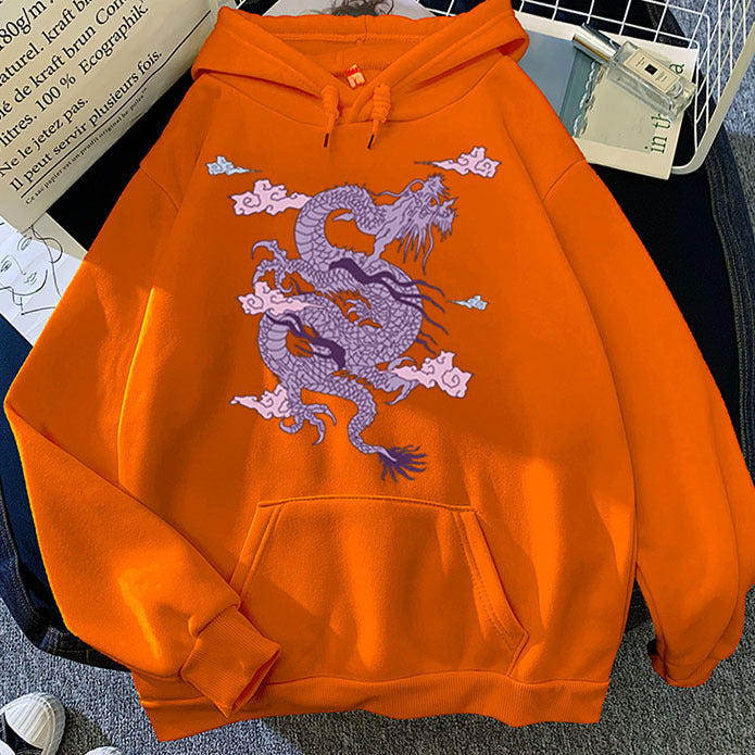 Men’s Warm Hoodie - Dragon Print Pullover, Polyester Casual