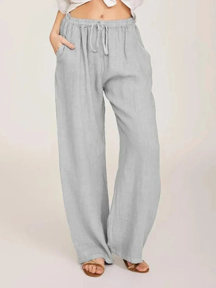 Casual Women's Wide Leg Pants, Loose-Fit Cotton Trousers with Drawstring Waist and Pockets, Lightweight Summer Style-4