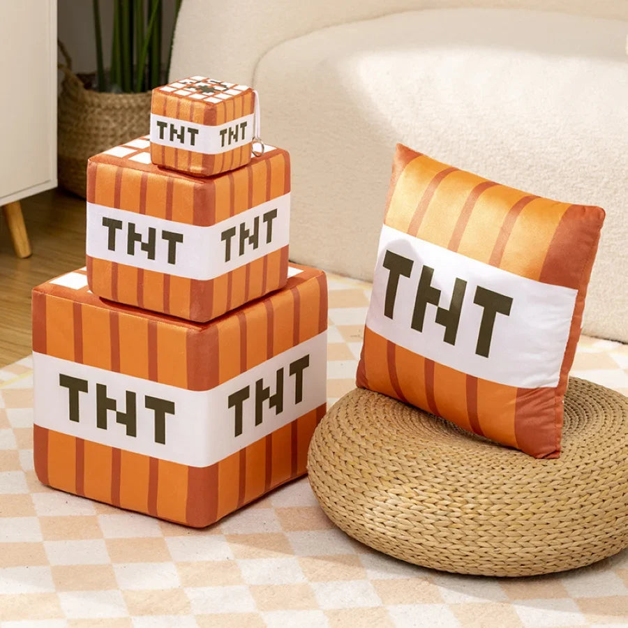 TNT Grass Block Decorative Pillow, Plush Toy for Gaming Room Decor, Green and Brown