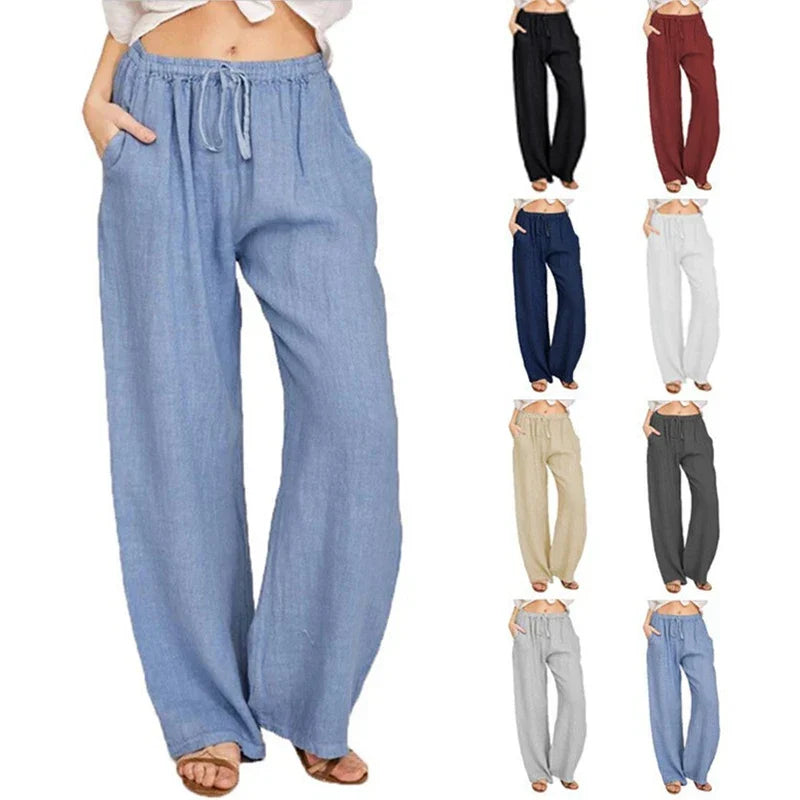 Casual Women's Wide Leg Pants, Loose-Fit Cotton Trousers with Drawstring Waist and Pockets, Lightweight Summer Style-2