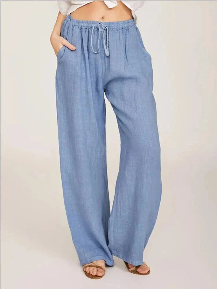 Casual Women's Wide Leg Pants, Loose-Fit Cotton Trousers with Drawstring Waist and Pockets, Lightweight Summer Style-1