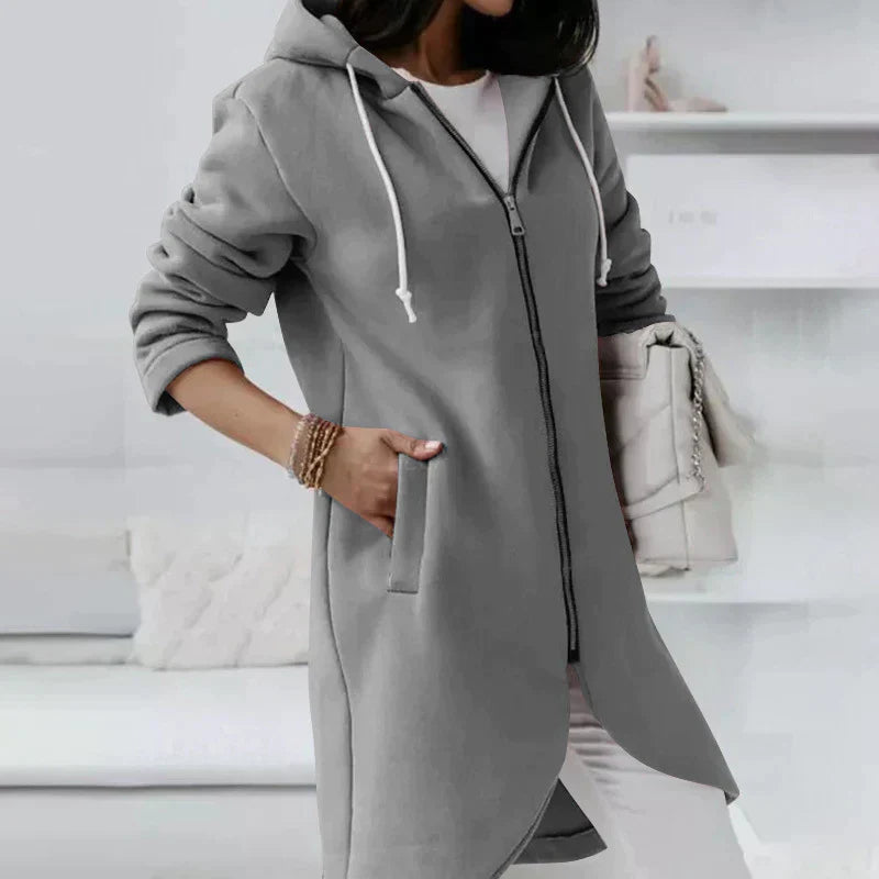 Relaxed Warm Women's Long Hoodie - Zip Front, Knit, Autumn
