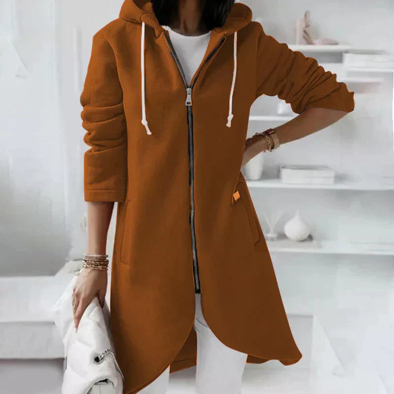 Relaxed Warm Women's Long Hoodie - Zip Front, Knit, Autumn