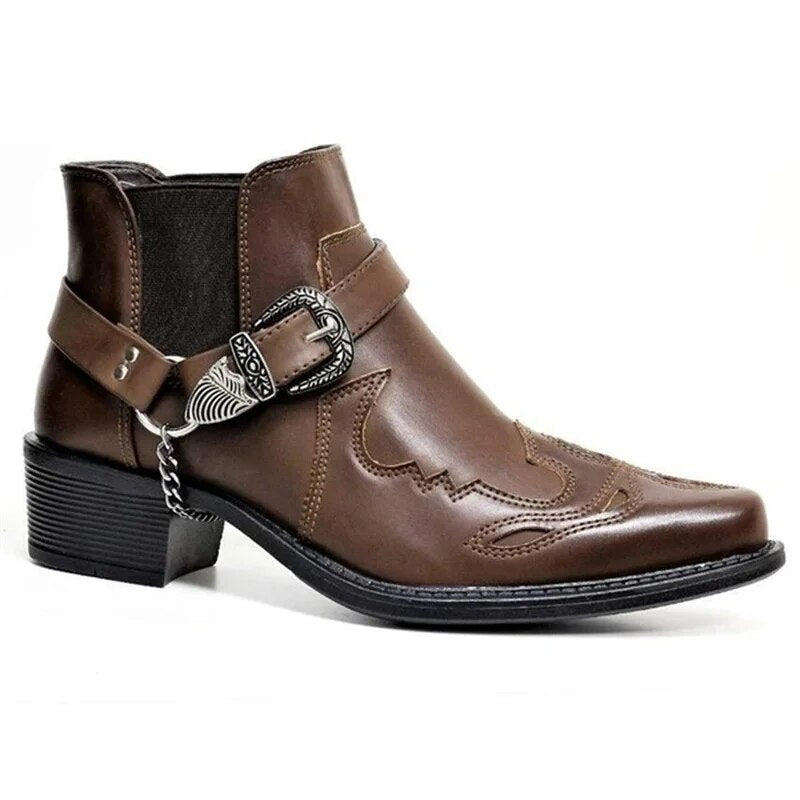 Variant image for Handmade Leather Cowboy Boots for Men with Chain Buckle, Durable Motorcycle Style, Comfortable Fit-15