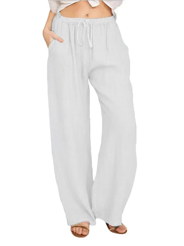 Variant image for Casual Women's Wide Leg Pants, Loose-Fit Cotton Trousers with Drawstring Waist and Pockets, Lightweight Summer Style-7