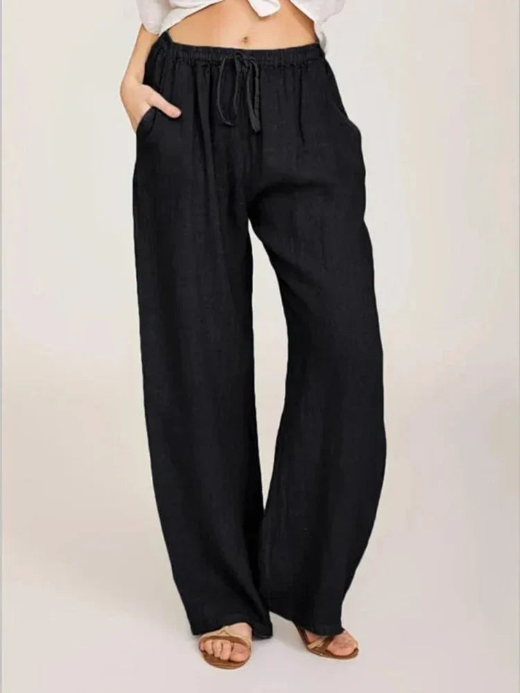 Casual Women's Wide Leg Pants, Loose-Fit Cotton Trousers with Drawstring Waist and Pockets, Lightweight Summer Style-3
