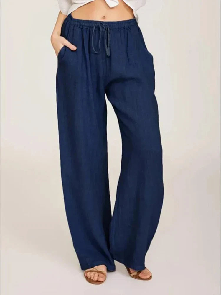 Casual Women's Wide Leg Pants, Loose-Fit Cotton Trousers with Drawstring Waist and Pockets, Lightweight Summer Style-5