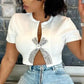Rhinestone Women's T Shirt with Low Neckline, Slim Fit White Crop Top for Women, Short Length and Medium-Stretch Fabric-2