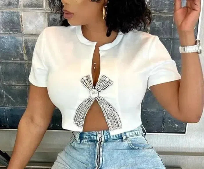 Rhinestone Women's T Shirt with Low Neckline, Slim Fit White Crop Top for Women, Short Length and Medium-Stretch Fabric-2