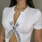 Rhinestone Women's T Shirt with Low Neckline, Slim Fit White Crop Top for Women, Short Length and Medium-Stretch Fabric-3