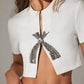 Rhinestone Women's T Shirt with Low Neckline, Slim Fit White Crop Top for Women, Short Length and Medium-Stretch Fabric-5
