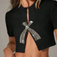 Rhinestone Women's T Shirt with Low Neckline, Slim Fit White Crop Top for Women, Short Length and Medium-Stretch Fabric-6