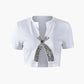Rhinestone Women's T Shirt with Low Neckline, Slim Fit White Crop Top for Women, Short Length and Medium-Stretch Fabric-1
