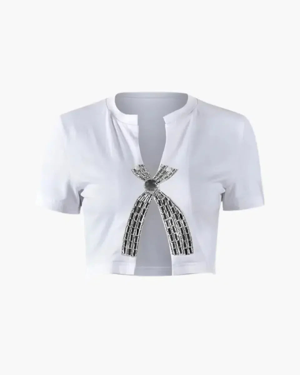 Variant image for Rhinestone Women's T Shirt with Low Neckline, Slim Fit White Crop Top for Women, Short Length and Medium-Stretch Fabric-1