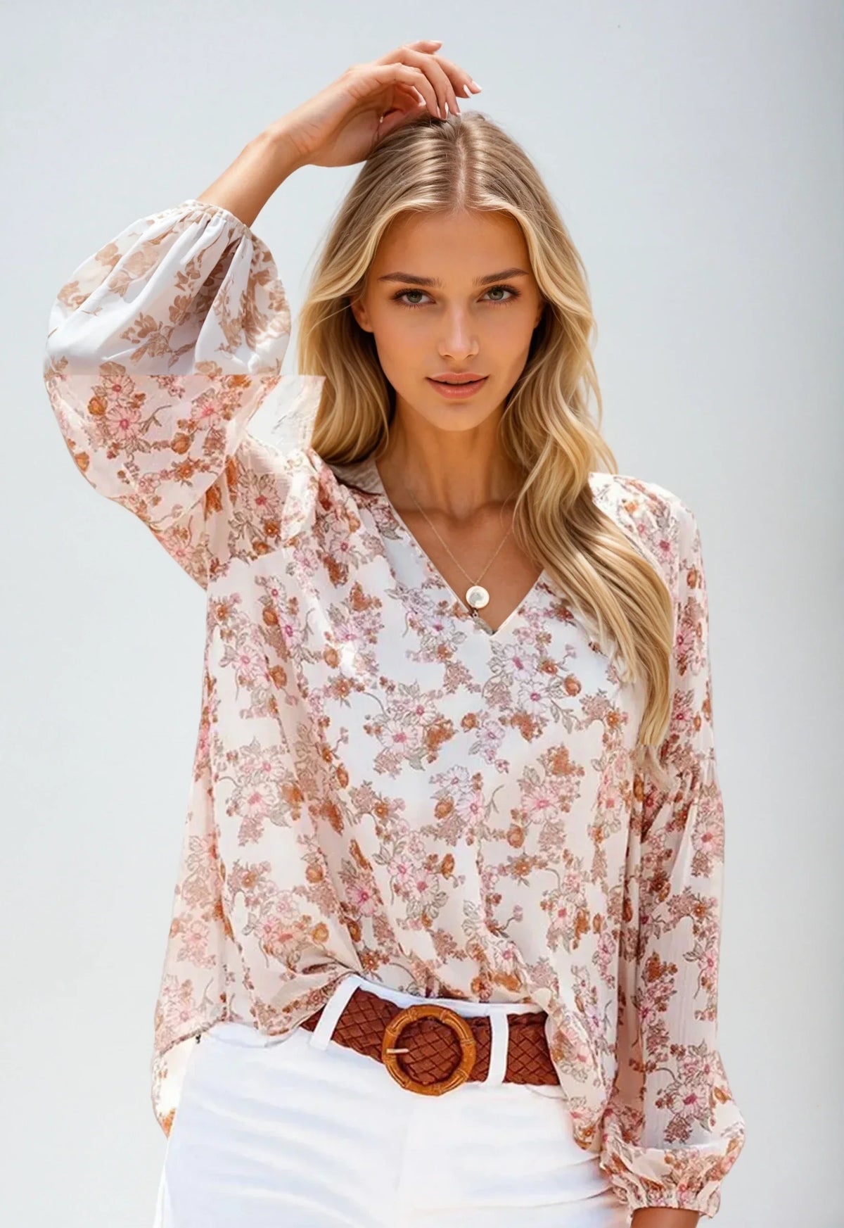 Variant image for Floral Print White Blouse for Women, Lightweight Summer Top, Plus Size Casual Loose Fit in Green, Purple, Pink-7
