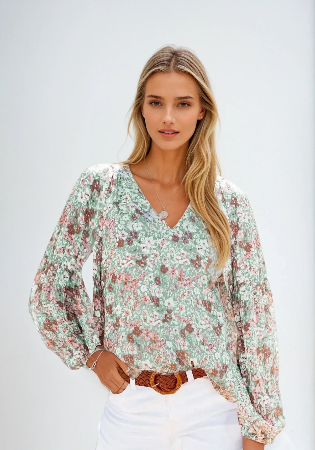 Floral Print White Blouse for Women, Lightweight Summer Top, Plus Size Casual Loose Fit in Green, Purple, Pink-4