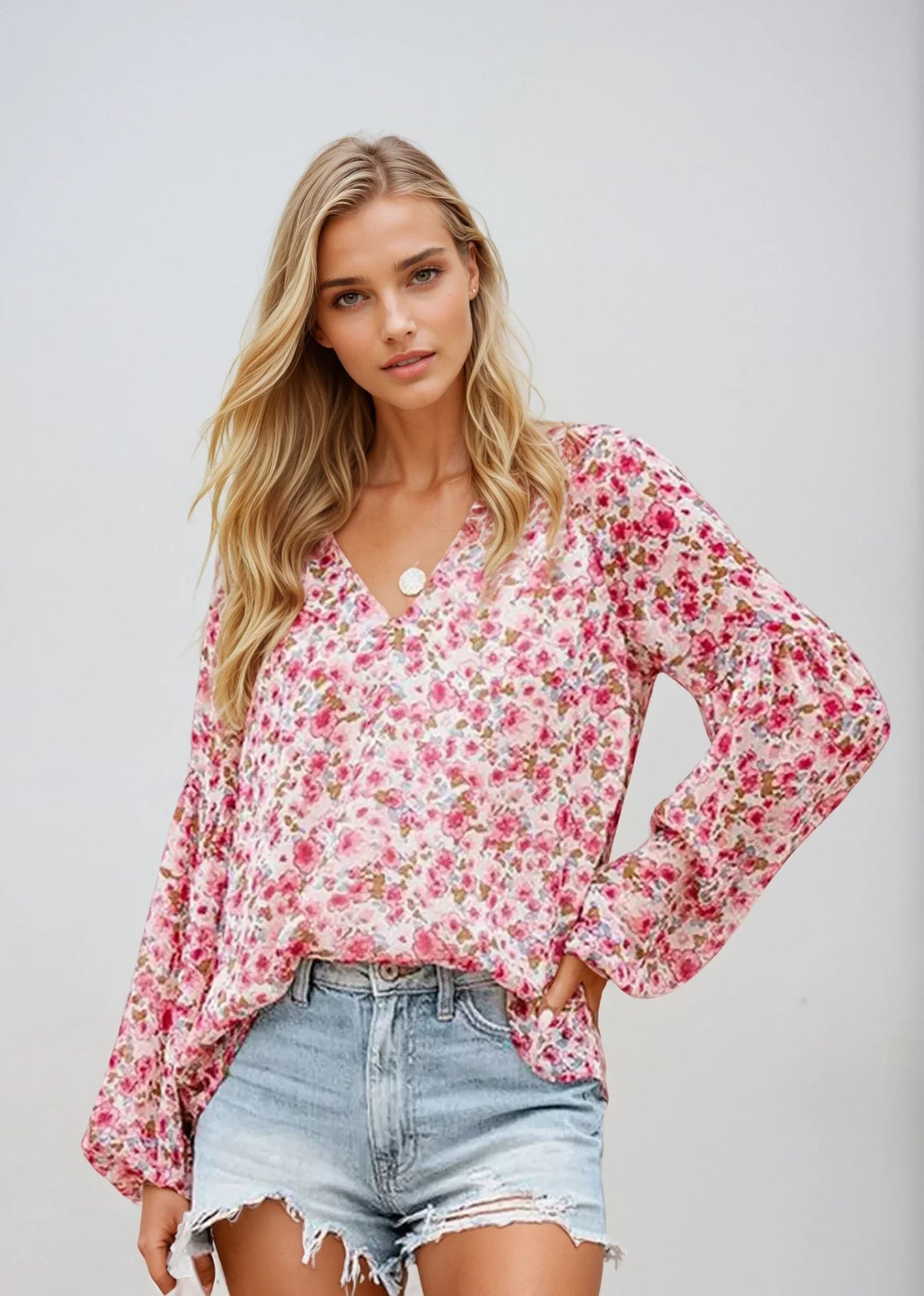 Variant image for Floral Print White Blouse for Women, Lightweight Summer Top, Plus Size Casual Loose Fit in Green, Purple, Pink-1