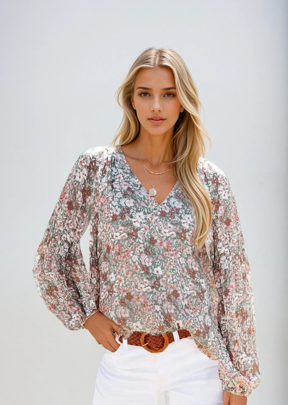 Variant image for Floral Print White Blouse for Women, Lightweight Summer Top, Plus Size Casual Loose Fit in Green, Purple, Pink-13
