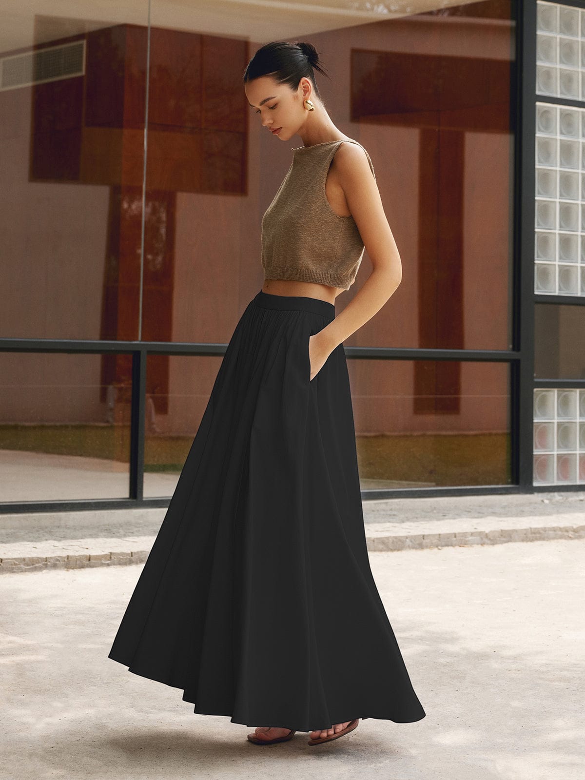 Women's Black Maxi Skirt, Elegant Long Full Skirt with Flowing Design, Comfortable Fit for Casual and Work Wear-6