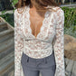 Variant image for Floral Lace Women's Top, Long-Sleeved Blouse in Black and White, Lightweight Polyester, Modern Fitted Design-3