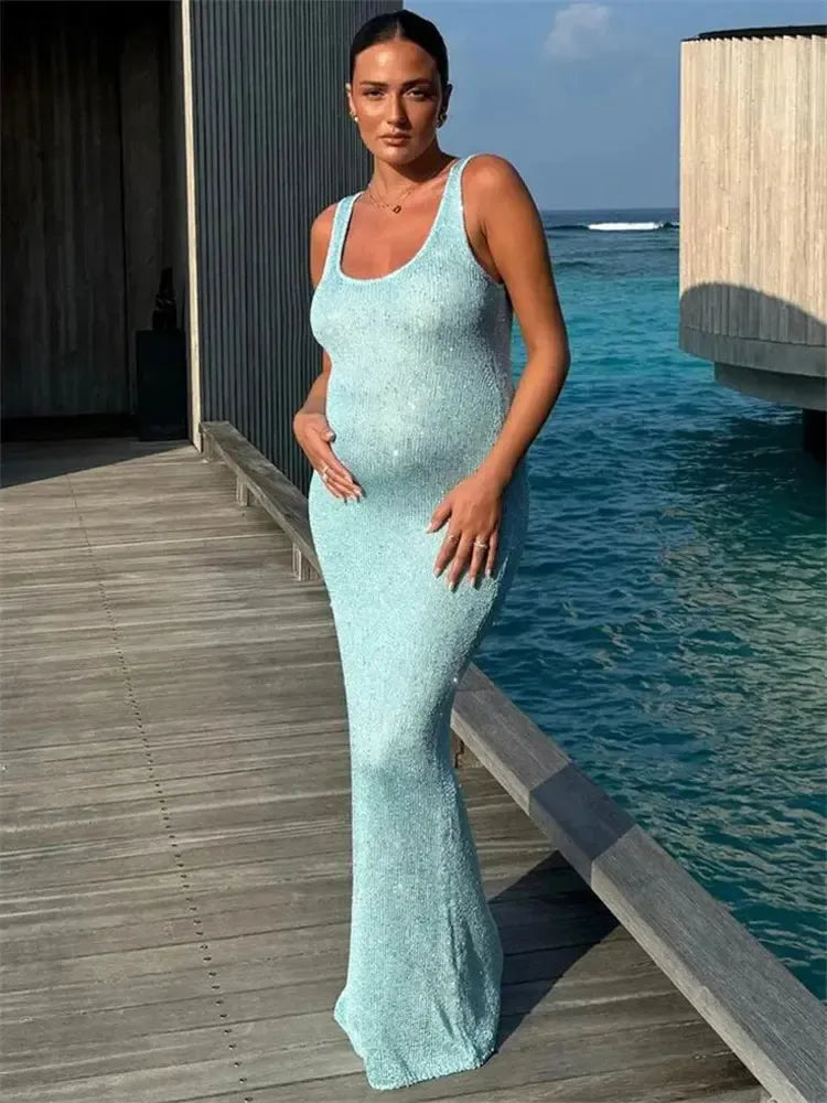 Elegant Maxi Dress for Women in Sky Blue and Yellow, Flattering Fit, Flowing Long Dress for Special Occasions and Everyday Wear-3