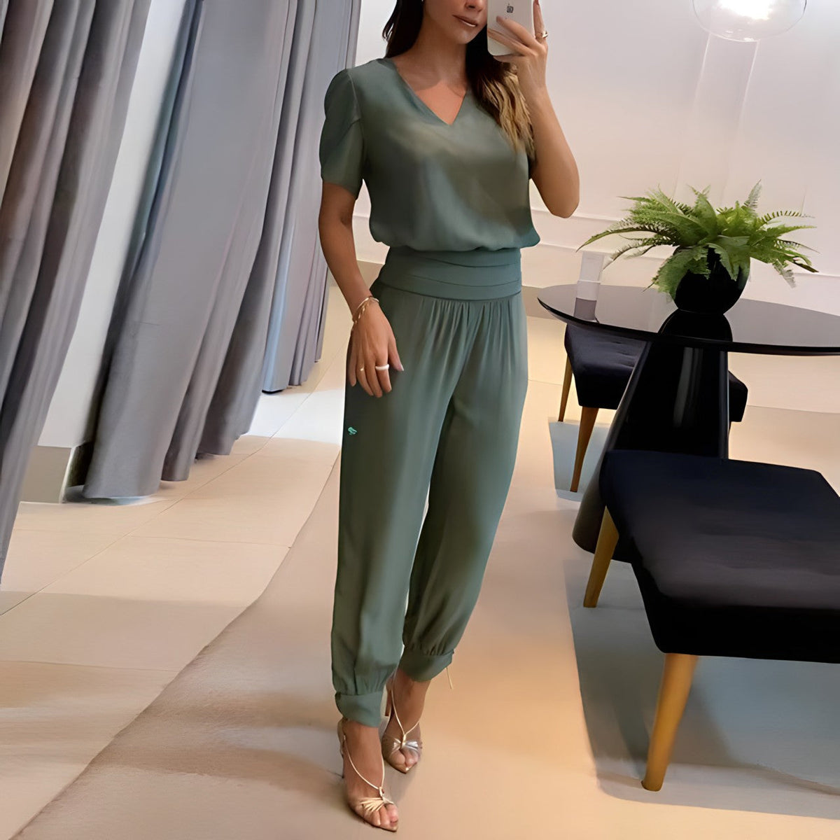 Bequemes Damen Set – Twin Set mit Bluse und Hose, elastischer Bund, hochwertiges Polyester, für jeden Anlass 2