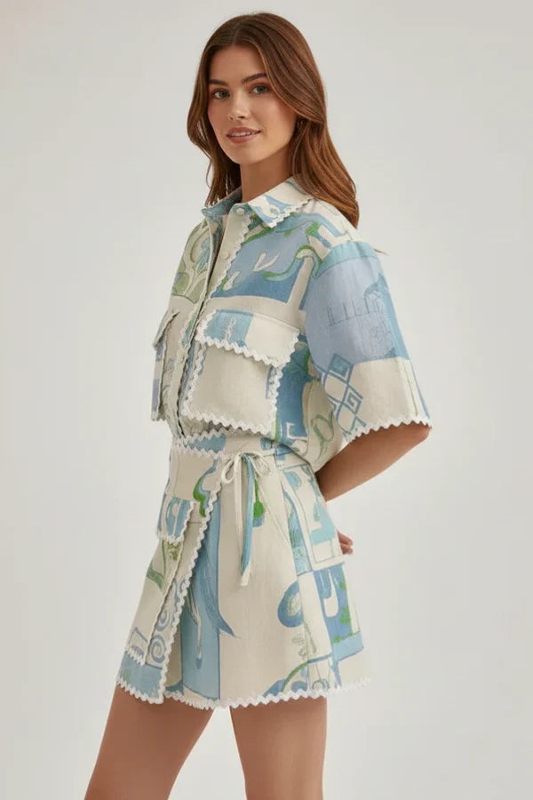 patchwork top and shorts, polyester, for casual wear – Plush women's floral-print lace set