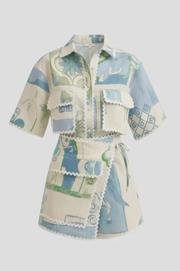 patchwork top and shorts, polyester, for casual wear – Plush women's floral-print lace set