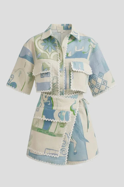 patchwork top and shorts, polyester, for casual wear – Plush women's floral-print lace set