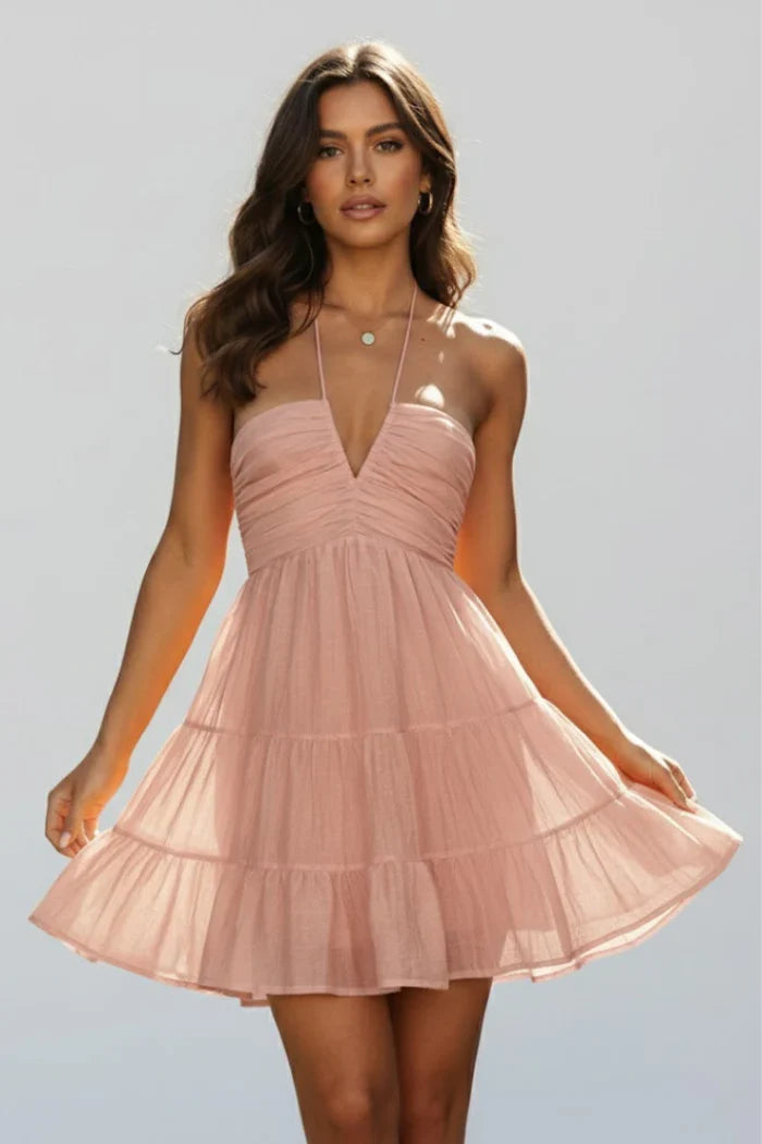 tiered pettiskirt, long-stitching details, spring/summer wear – Plush women's v-neck dress